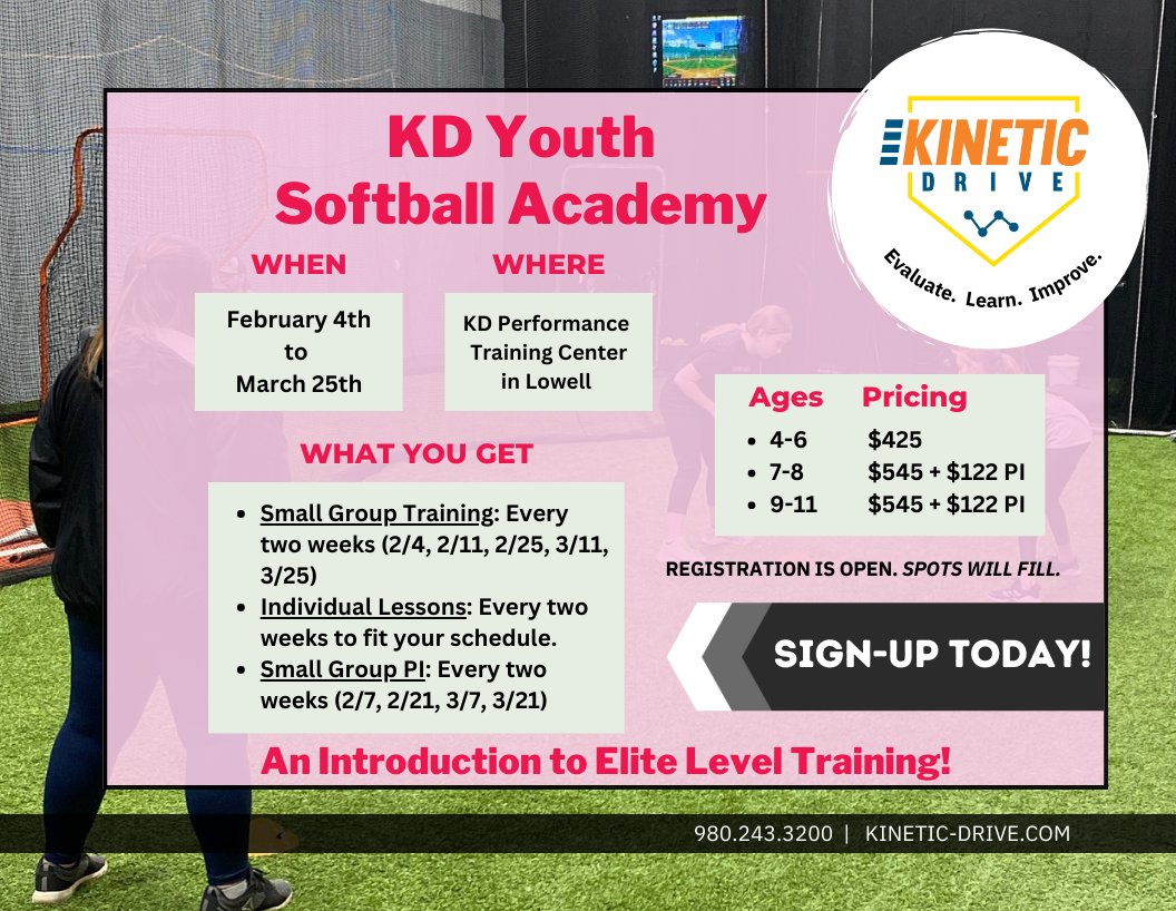 **NEW PROGRAM ALERT**
The Kinetic Drive Baseball &amp; Softball Academies begin February 4th!!
These academies (ages 4-11) will feature five 2-hr small groups, four 1-hr performance improvement sessions &amp; three individual lessons. 
JOIN THE MOVEMENT TODAY: kinetic-drive.com/youth-baseball…