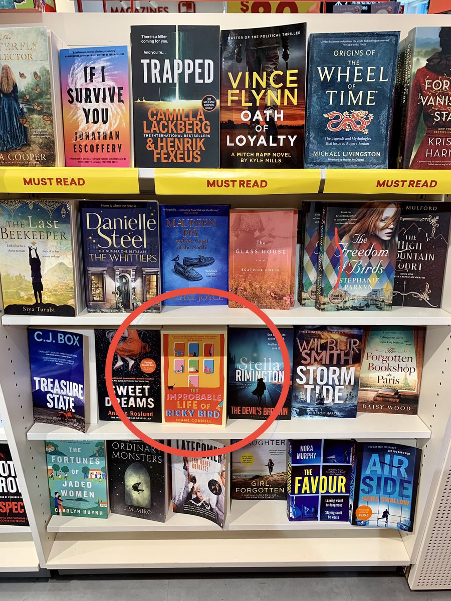 Ricky Bird, still flying high as a MUST READ at Auckland Airport. 
#theimprobablelifeofrickybird #whoisrickybird #mustread #mustreadbooks #book #booklovers #fiction #writersoftwitter #amwriting #WritingCommunity