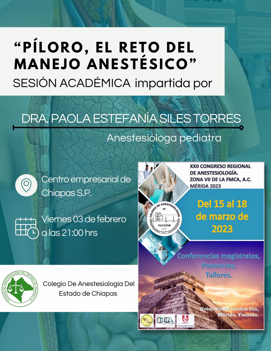 El Colegio De Anestesiología Del Estado De Chiapas hace la invitación a la siguiente sesión académica que se llevará a cabo, a continuación compartimos todos los datos del evento.

Al finalizar tal se llevarán a cabo algunas actividades para todos nuestros colegiados. 
#comunity