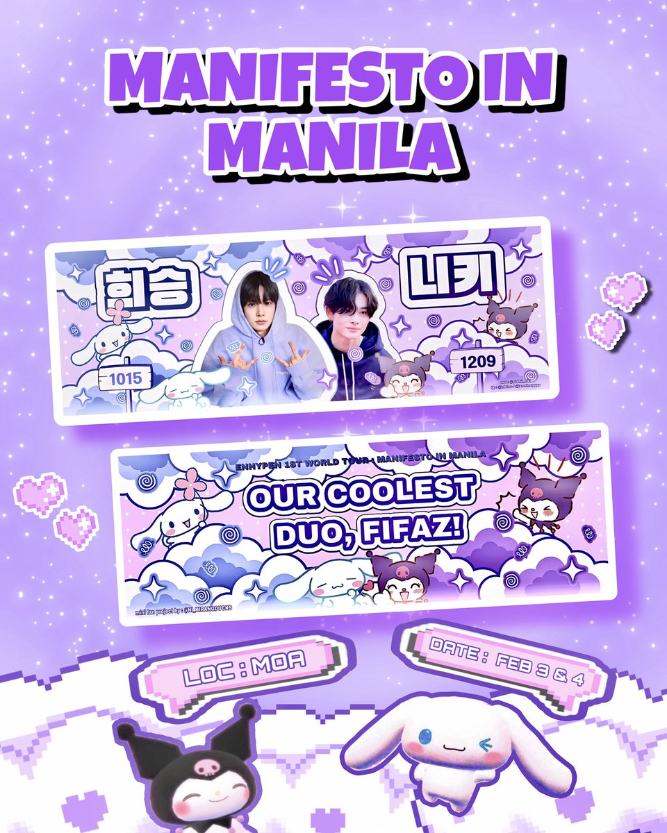 ⟢ENHYPEN #MANIFESTO_IN_MANILA 𓂃۰ ໋࣭ 

hand banners fan project freebies by bojostarr, jnnblnccc &amp; nishii_riki ♡

❥  super limited qty only
❥  mfb our acc, like &amp; rt
         ↳ open for donations 
❥  strictly 1:1 / open to all !! 🫶🏻
❥  loc &amp; time tba

see u on feb 3-4 🎀