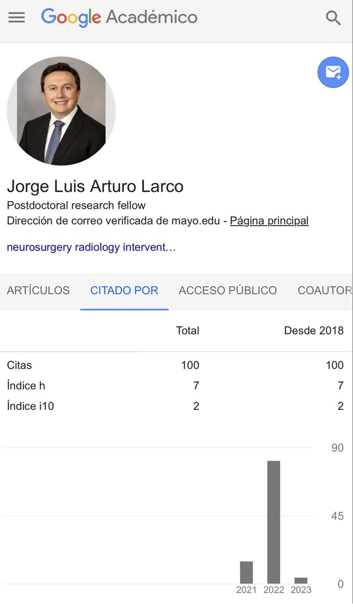 Jorge Arturo Larco M.D. (@jlarco8) on Twitter photo It is so nice to check google scholar and see my first hundred citations! <a href="/MCNeurovasc/">Mayo Clinic Neurovascular</a> <a href="/MayoRadiology/">Mayo Clinic Radiology</a> <a href="/MayoMN_IRadRes/">Mayo Clinic Interventional Rad Residency Rochester</a> #Match2023 <a href="/SavastanoLuisMD/">Luis Savastano M.D. Ph.D.</a> <a href="/WBrinjikji/">Waleed Brinjikji</a> thanks for an amazing mentorship that guided me to these early career goals! #medtwitter It is so nice to check google scholar and see my first hundred citations! <a href="/MCNeurovasc/">Mayo Clinic Neurovascular</a> <a href="/MayoRadiology/">Mayo Clinic Radiology</a> <a href="/MayoMN_IRadRes/">Mayo Clinic Interventional Rad Residency Rochester</a> #Match2023 <a href="/SavastanoLuisMD/">Luis Savastano M.D. Ph.D.</a> <a href="/WBrinjikji/">Waleed Brinjikji</a> thanks for an amazing mentorship that guided me to these early career goals! #medtwitter