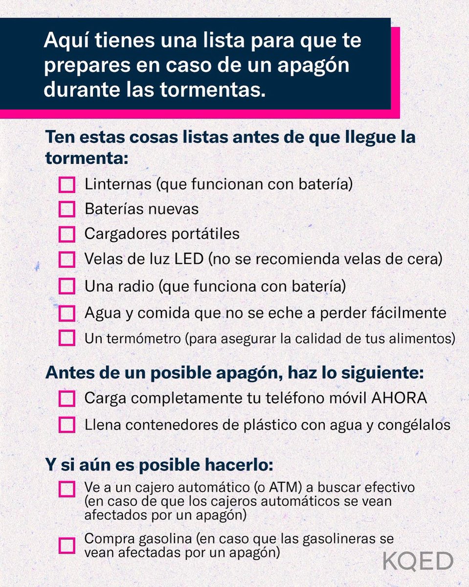 Más tormentas se acercan a California, ¿estás preparade? 

Compártela ⬇️ con quienes puedan verse afectades por los apagones y guardala en tus colecciones y guárdala en tus colecciones ya que se esperan más tormentas esta semana.
