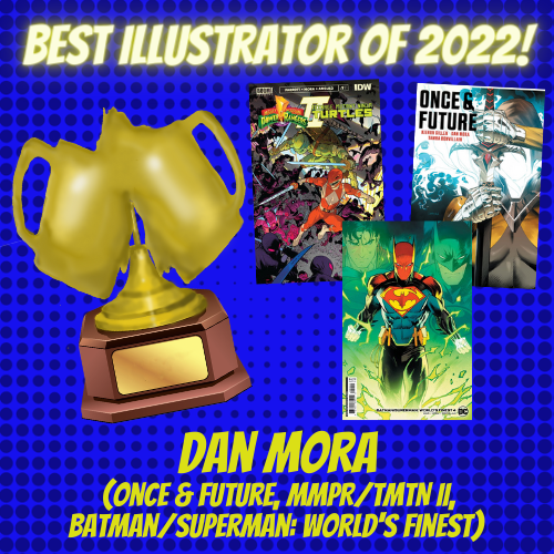 And the #CHEERSIE🍻 winner for BEST #ILLUSTRATOR OF 2022 is...
<a href="/Danmora_c/">Dan Mora</a> for his work on Once &amp; Future, #MMPR #TMNT II, #Batman/#Superman World's Finest and lots more! 

Catch the full show hosted by <a href="/cheerstocomics/">Cheers To Comics! Podcast🍻</a> &amp; <a href="/ODPHpodcast/">The ODPH Podcast</a> here!👉 youtube.com/watch?v=koe4oM…