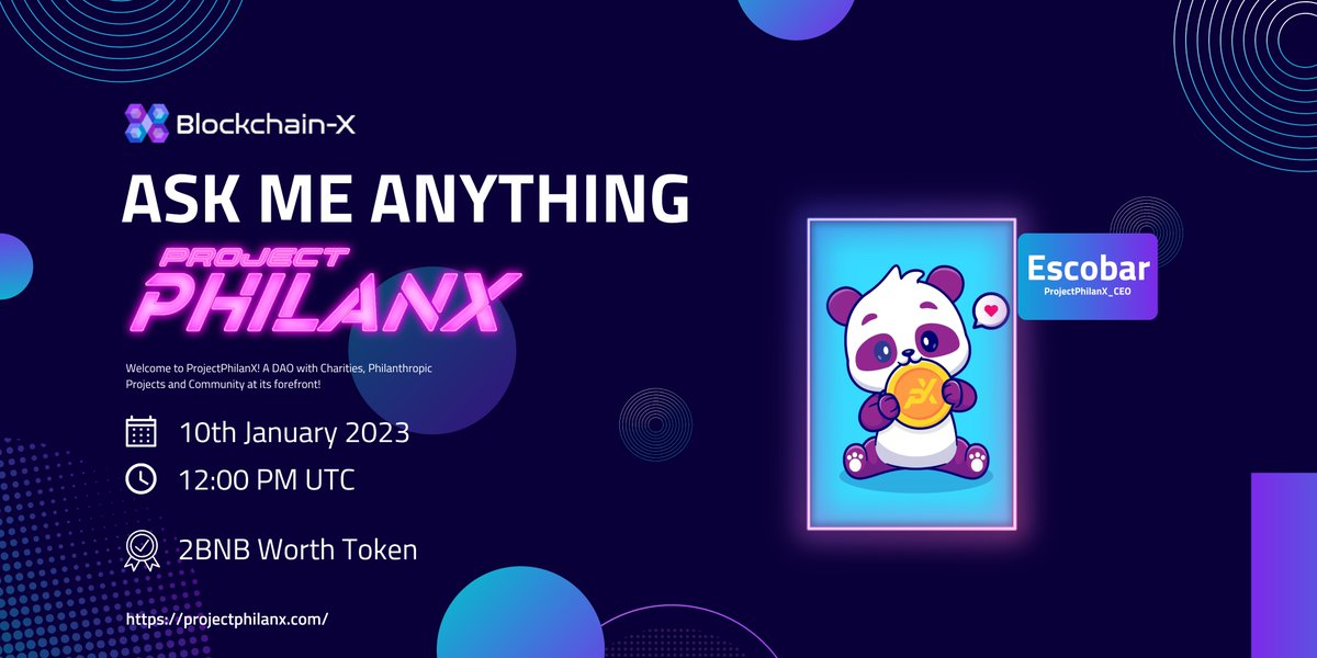 🎙️We're pleased to announce our next #AMA with" PhilanX "on 10th January 2023 at 12:00 PM UTC.

💰Rewards Pool: 1Billion PPX ( worth 2BNB)

🏠Venue: t.me/blockchainxglo…

〽️Rules:

1️⃣Follow:

➡️ <a href="/BlockchainX69/">Blockchain-X</a>
&amp;
➡️ <a href="/ProjectPhilanX/">ProjectPhilanX</a> 

2️⃣ Must Like, RT &amp; Comment Your Questions.