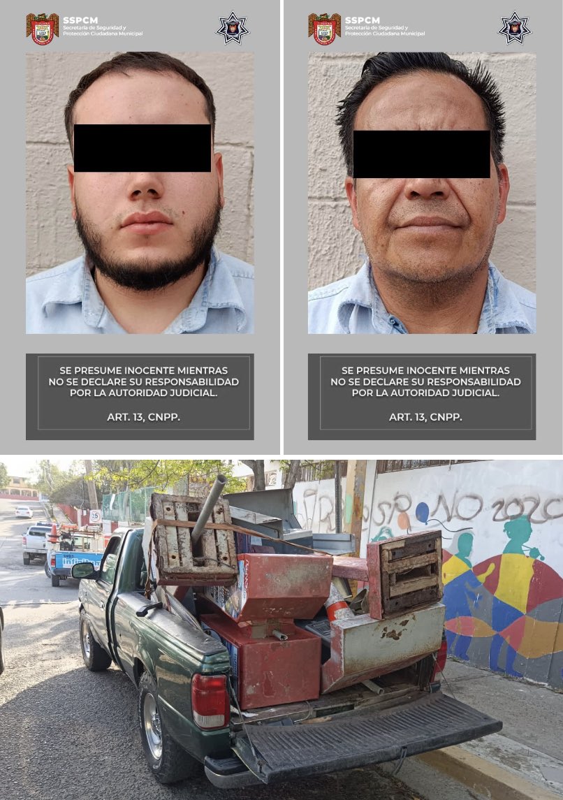 🚔👮🏻‍♂️ | En seguimiento a una llamada a la línea de emergencias 9-1-1, agentes de la Policía Municipal de Tijuana detuvieron a José Alfonso "N" y Luis Alfonso "N", quienes son presuntos responsables del robo de al menos 200 casetas telefónicas de Telnor.