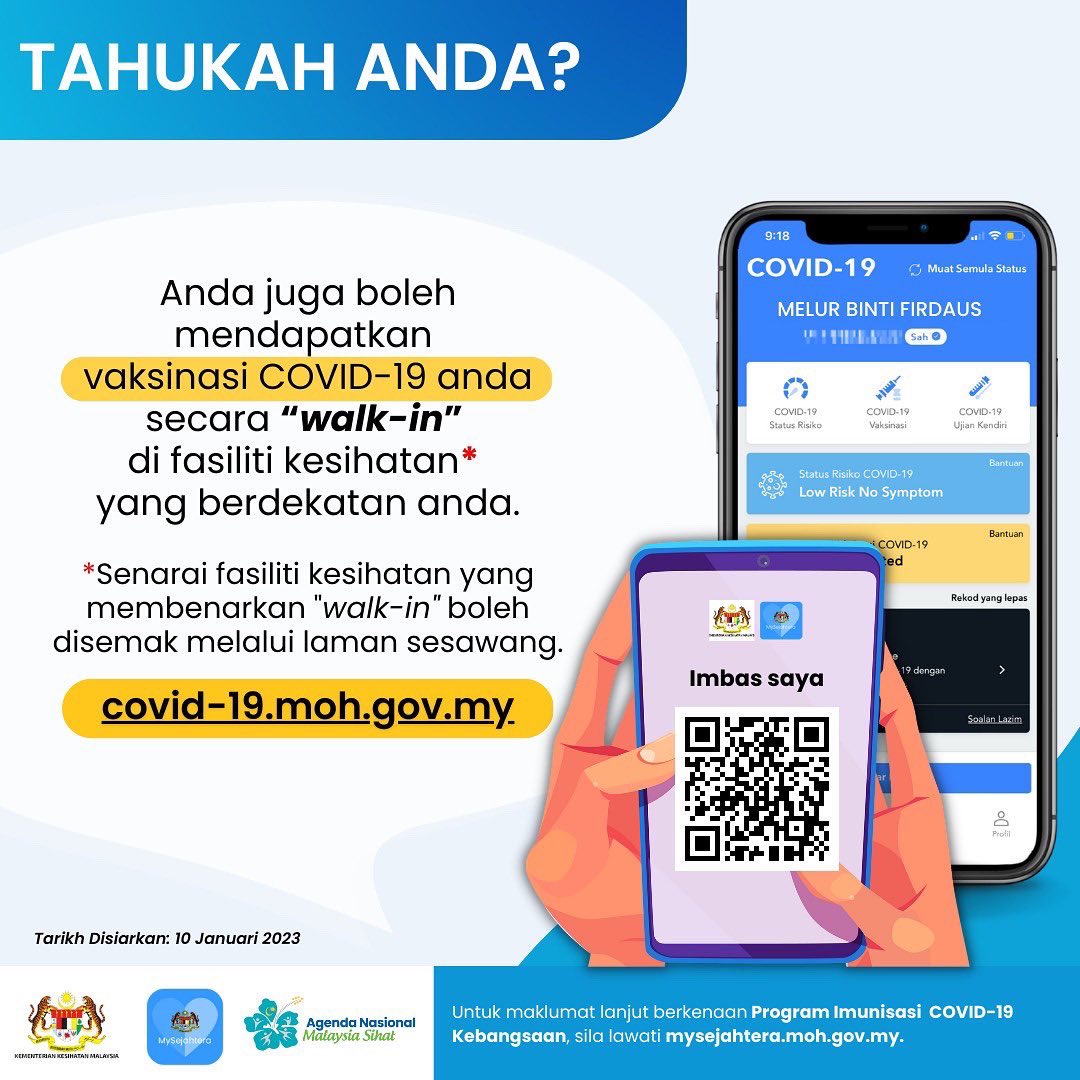 my_sejahtera's tweet photo. Walk-in saja!

Anda boleh mendapatkan vaksinasi COVID-19 secara walk-in di fasiliti kesihatan* berdekatan dengan anda. 

Imbas kod QR ini untuk senarai fasiliti kesihatan yang membenarkan walk-in. 

#mysejahtera 
#gerbangkesejahteraandigitalanda https://t.co/GIN3gOHgus