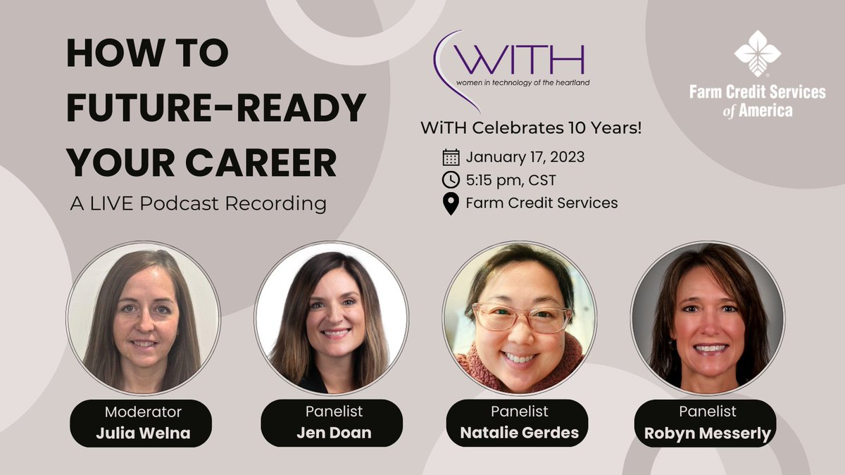 Can you believe it? WiTH has been hosting events for 10 years now!! Come celebrate with us at our January event. This month, we’re joining FCSA for a LIVE podcast recording of a Women in Tech panel interview. Check it out and register here: meetup.com/witheartland/e…

#WomenInTech