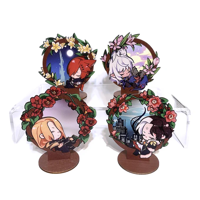 planning my shop opening for this weekend!!! thank you all for your patience (。•́-ก̀。)i'll finally have my wood standees in stock again plus new designs!! they come with transparent acrylic backgrounds now \o/ 