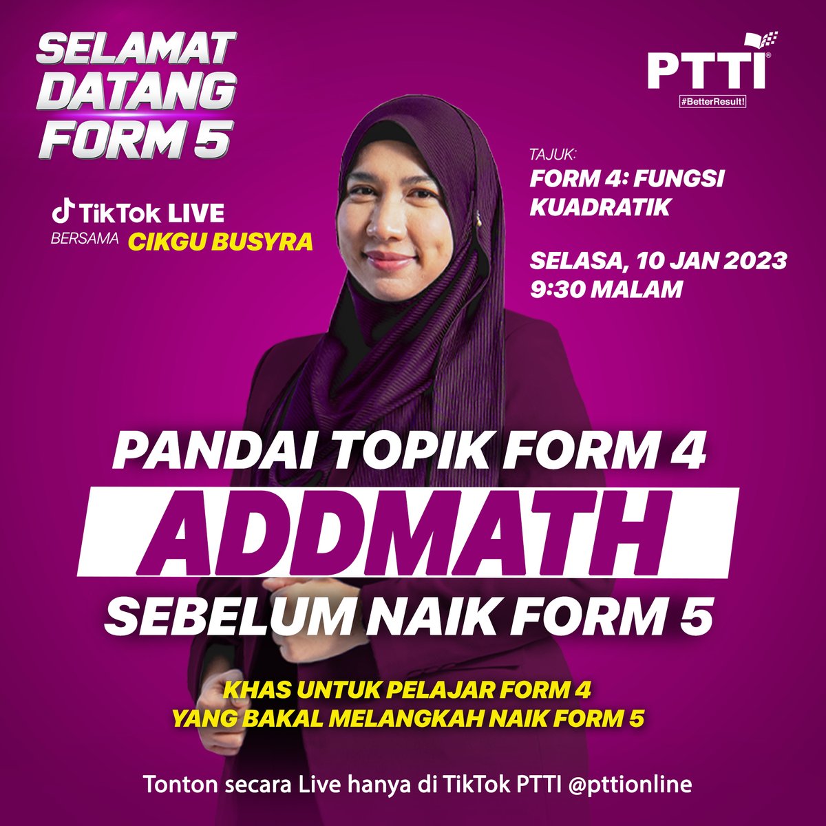 PTTIOfficial's tweet photo. Addmath susah? Give up dengan subjek Addmath?

Sebelum langkah Form 5, jom cover topik form 4 yang selalu student tak tahu nak jawab malam ini bersama Cikgu Busyra di TikTok live PTTI.

DM kami untuk info lanjut https://t.co/epSSTUtoTD