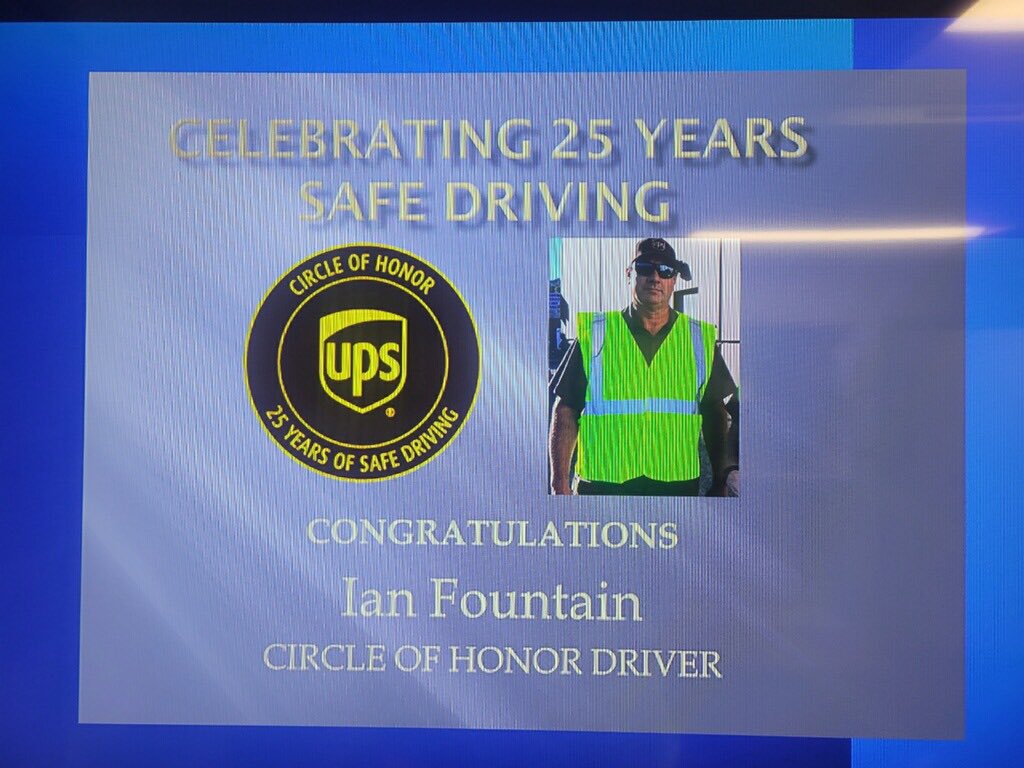 Anaheim feeder would like to congratulate Ian Fountain on achieving 25 years of safe driving . Welcome to the circle of honor brother and remember all good kids love milk. @divine2wincom @UPSJPipkin