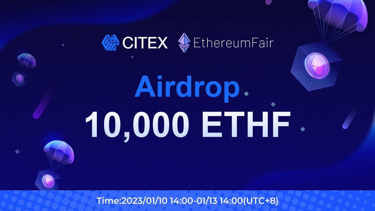 Trade#Hold #ETHF #Giveaway
Share 10,000 ETHF #CITEX 

⏰01/10 06:00-01/13 06:00（UTC）
🚀Follow @CITEXofficial &amp; <a href="/EthereumFair/">Andrea Hickel</a>
❤️Like,RT&amp;Tag 3 friends 
✅Join in group: t.me/citex_en 

 5 winners to Win 100 ETHF

Activity link citex.info/notice/#/citex…

#Crypto #Airdrop