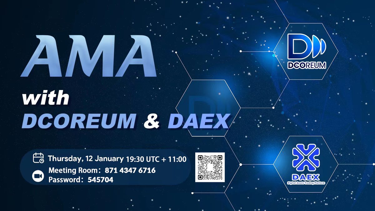 DAEX_GLOBAL's tweet photo. We are here to announce an AMA session with 
@Dcoreum_io
 on Thursday, 12 January 2023 at 19:30 UTC +11:00.

Rules : 
1️⃣ Follow Twitter @DAEX_GLOBAL &amp; @Dcoreum_io
2️⃣ Like &amp; RT
3️⃣ Comment Questions (Max 3 &amp; Tag 3 friends) https://t.co/OUehB5wEw4