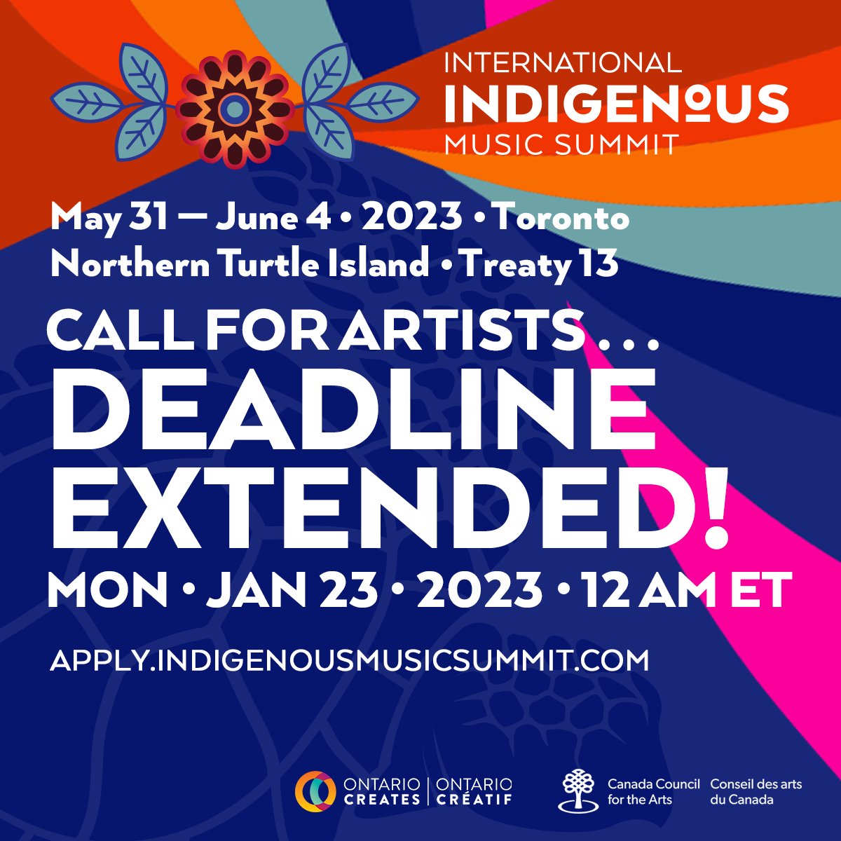 🔥 Good news! 🎤🎶 As everyone gets caught up after the holidays, we're extending the deadline for artist showcase applications to Mon., Jan. 23rd (2023), and submissions are open to all Indigenous artists across Turtle Island and around the globe: apply.indigenousmusicsummit.com
