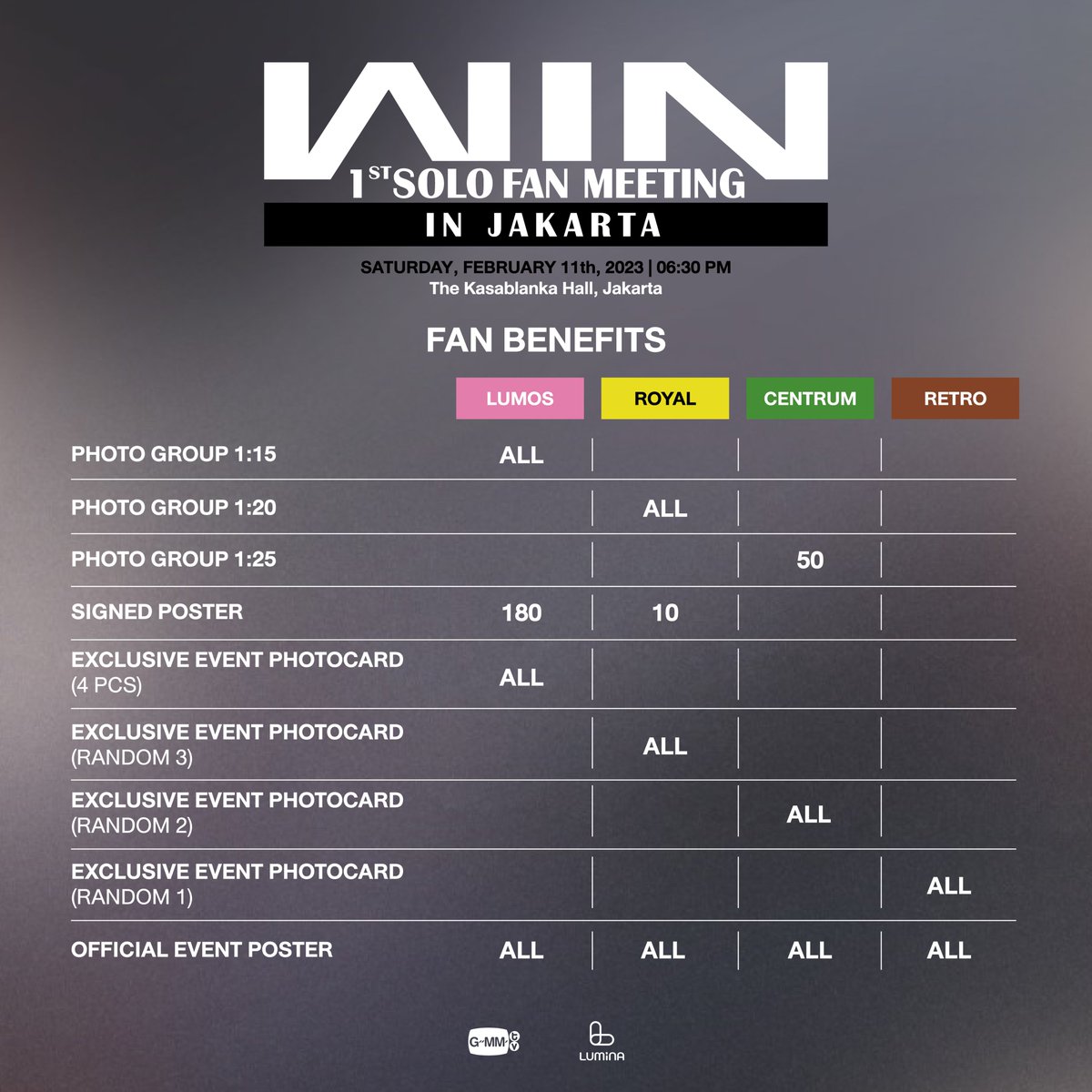 luminaent's tweet photo. Official seat plan &amp; fan benefits for ‘Win 1st Solo Fan Meeting in Jakarta’

Ticket sales will start on 17 January 2023 from 2.00 PM WIB at https://t.co/3Za3ZWMCAZ 

#WinMetawin #Win1stFMJKT #BarengLumina #GMMTV https://t.co/WlstsDary2