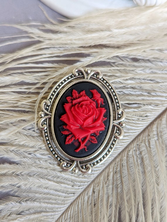 Red Rose Brooch, Gothic Brooch, Gothic Pin, etsy.me/3yepS26 #redrosebrooch #flowerbrooch #flowerpin #rosejewelry #flowerjewelry @etsymktgtool