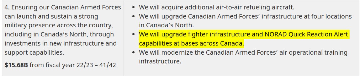 steffanwatkins's tweet photo. "We will upgrade fighter infrastructure and NORAD Quick Reaction Alert capabilities at bases across Canada."
So, they're going to upgrade the Alert hangars at bases across the country.
Presumably:
#CFBColdLake
#CFBBagotville
#CFBGooseBay
#CFBComox
...am I missing any? https://t.co/b0YQlqO72P
