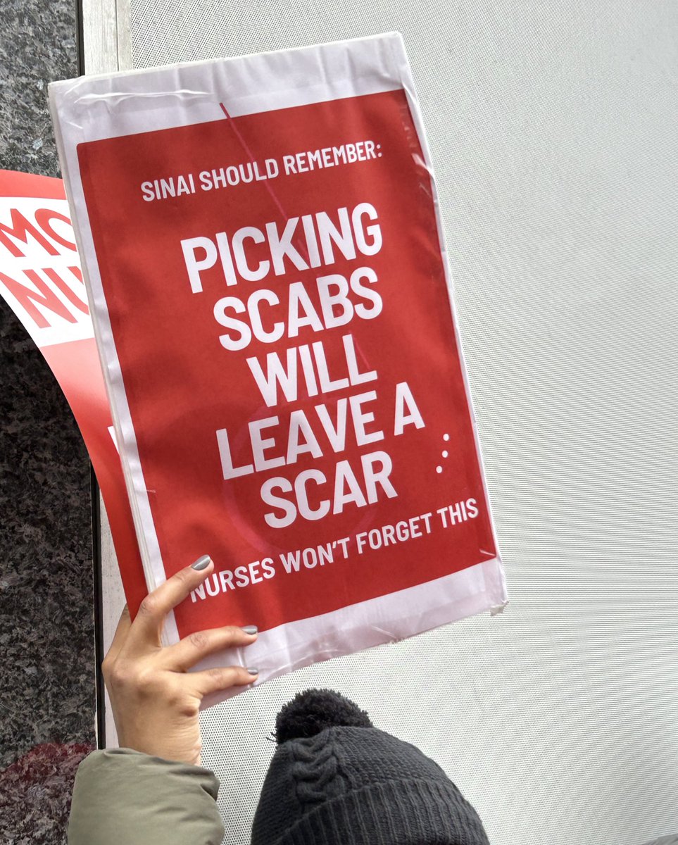 Favorite sign from the <a href="/nynurses/">NYSNA</a> strike today at Mt. Sinai