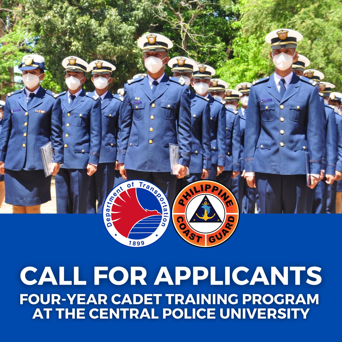 CALL FOR APPLICANTS: The Philippine Coast Guard (PCG) is looking for CADETS who will pursue the FOUR-YEAR CADET TRAINING PROGRAM at the Department of Maritime Police, Central Police University in Republic of China (Taiwan), in September 2023!

FB Link: facebook.com/coastguardph/p…