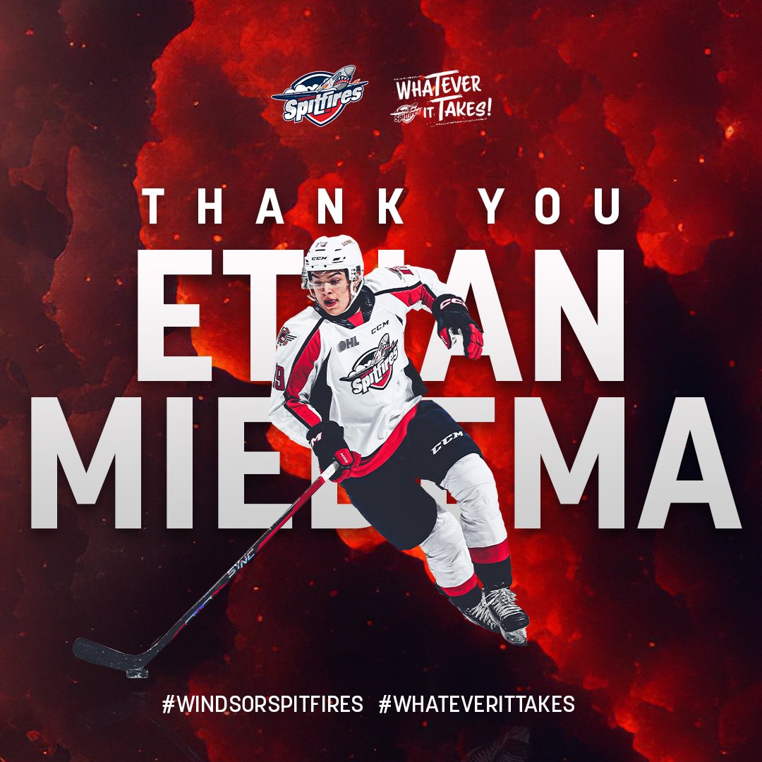 SpitsHockey's tweet photo. The Windsor Spitfires would like to wish Ethan Miedema the best with the Kingston Frontenacs, the top prospects game and the upcoming NHL Entry Draft. Thank you, Ethan Miedema! #WindsorSpitfires https://t.co/3K30FgPk81