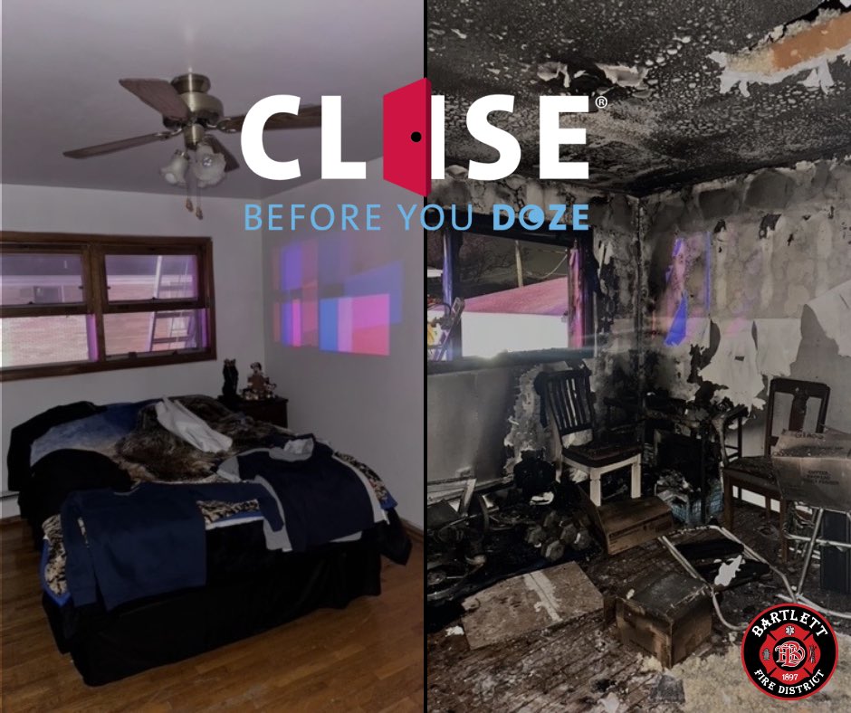 BartlettFire's tweet photo. Here is an image from the structure fire we fought today. These rooms are right across from each other. The ”clean” room had the door closed when the fire started in the “dirty” room. 

Please remember to close your doors before you go to bed. Stay safe. https://t.co/8vU52theO7