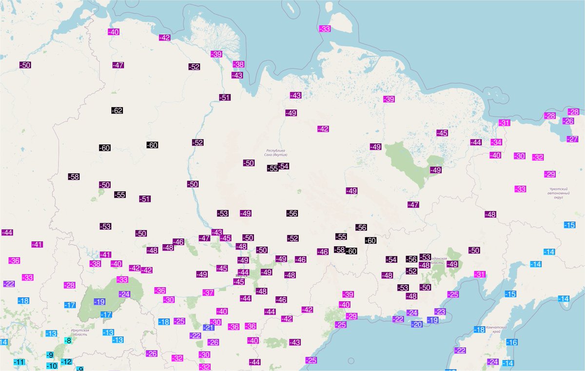 Exceptionnelle minimale de -62.1°C à Dzalinda en Sibérie centrale ce matin. Une autre valeur à -60.4°C relevée à Olenek. Les deux stations plus coutumières de valeurs très basses (Ojmjakon et Delyankir) affichaient -59.5°C et -59.7°C. Carte Ogimet. 