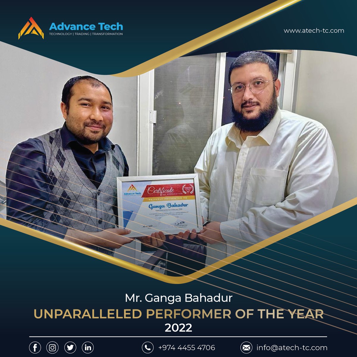 AtechQatar's tweet photo. #AdvanceTech announces the #awards for the year 2022.
Our team member Mr. Ganga Bahadur received the shield and certificate for the "Unparalleled Performer of the #Year2022".

We wish all the team members the very best for the year ahead.
May we succeed! May we prosper!
 #Qatar https://t.co/w7VFXliX0U