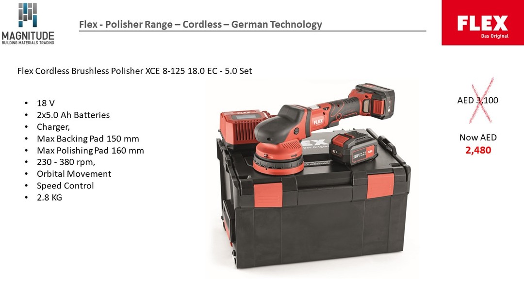 MagBuild's tweet photo. Flex - Polisher Range – Cordless – German Technology

Flex Cordless Brushless Polisher XCE 8-125 18.0 EC - 5.0 Set  for only AED 2,480/-

#Magbuild #Flex #PowerTools 

MagBuild–Quality Genuine Products

For Inquiries reach us at +971 4 380 8458 or info@modernsolutionsgroup.com https://t.co/h11Y0NSWXP