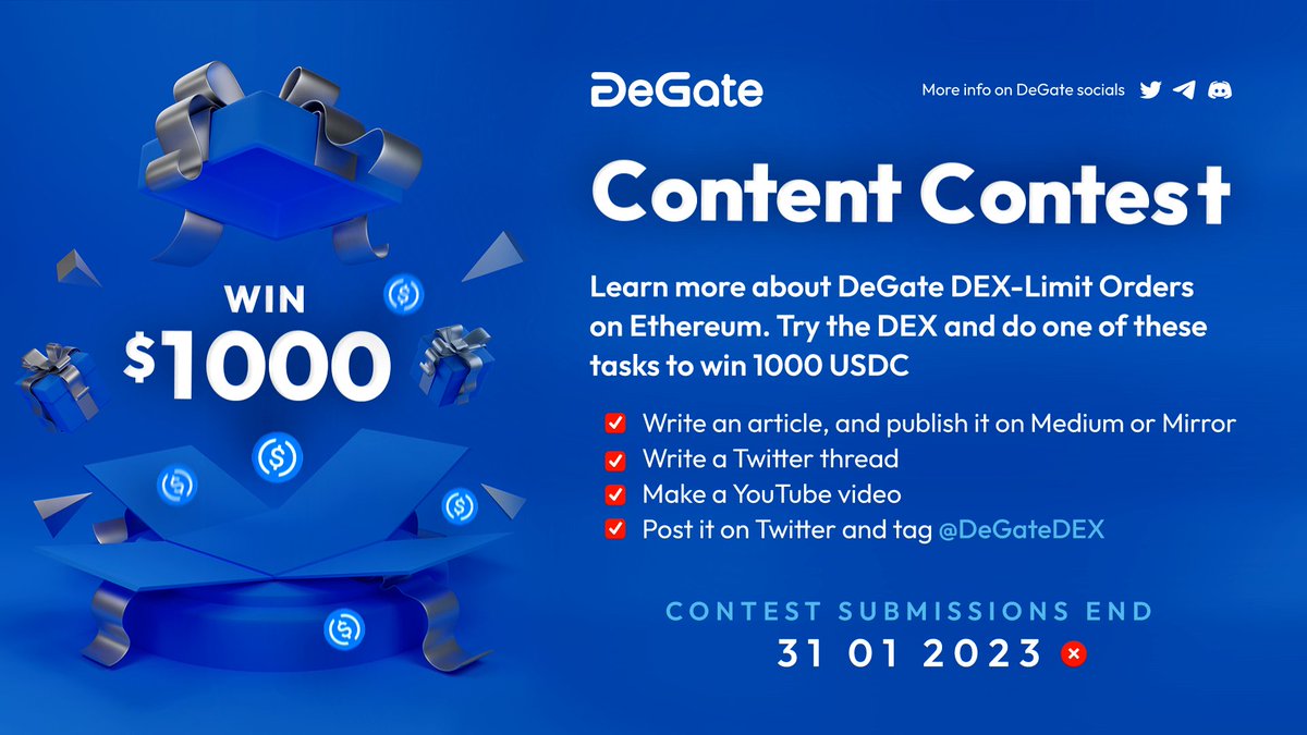 Participate in @DeGateDex content contest🔊 🎁 1000 USDC reward How❓ 📖 Write an article, Twitter thread or 📽️make a video review about DeGate #DEX 🔖Tag @DeGateDex 🏃Contest live till 31 Jan More info👇 medium.com/degate/degate-…