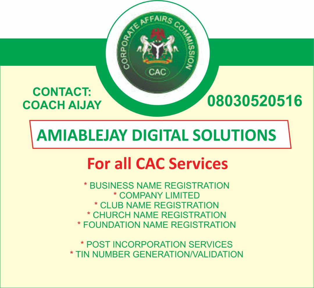 AmiablejayCAC's tweet photo. For all your CAC NEEDS AND SERVICES, Contact AMIABLEJAY DIGITAL SOLUTIONS On 08030520516...
  Our services are torpnorch.. https://t.co/zO9W1T0ReH