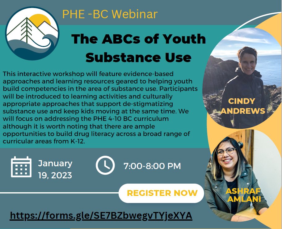 🚨Heads up #bced: webinar Tues Jan 17 w @CindyPAndrew1 & @ash_amlani share evidence-based approaches & learning resources to help youth build competencies in area of substance use, de-stigmatizing substance use & keep kids moving at the same time Register: bit.ly/3vOLSPF