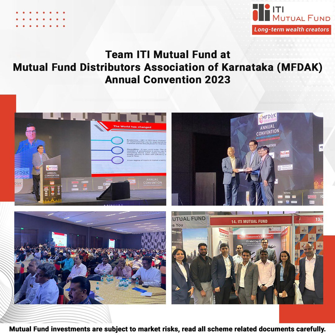 itimutualfund's tweet photo. Our team attended the 2-day MFDAK Annual Convention 2023, taking part in knowledge sessions with Karnataka's eminent MFDs. Mr. Rajesh Bhatia, CIO, ITI Mutual Fund, addressed the gathering of 600 MFDs, imparting his insights at the event. #ITIMutualFund #MFDAK #AnnualConvention https://t.co/0eLorH27gH