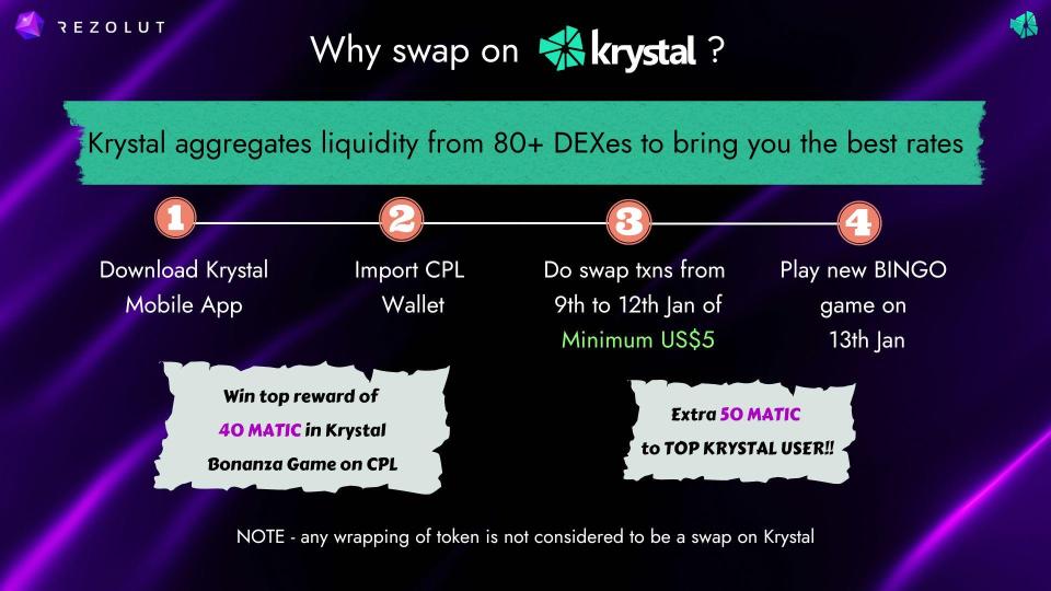 cpl_crypto's tweet photo. 🚀Ready for the Big Friday game?🚀
😍450+50 MATIC up for grabs😍
👇Act now to book your seat👇

Steps to qualify:
1 Download Krystal app
2 Import CPL wallet in it
3 Do a swap (@ best rates)

Steps explained:
https://t.co/XnNKd4hcoX

#GameFi #cryptomarket #BSC #Polygon #Klaytn https://t.co/8dinJKr4eW