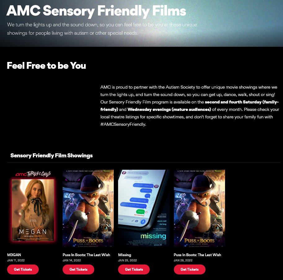 Did you know you can search for #SensoryFriendly Films playing now or coming soon with @AMCTheatres?

At #AMC we turn the lights up and the sound down, so you can feel free to be you at these unique showings.

Sensory Friendly Films
FindOutMore: amctheatres.com/programs/senso…