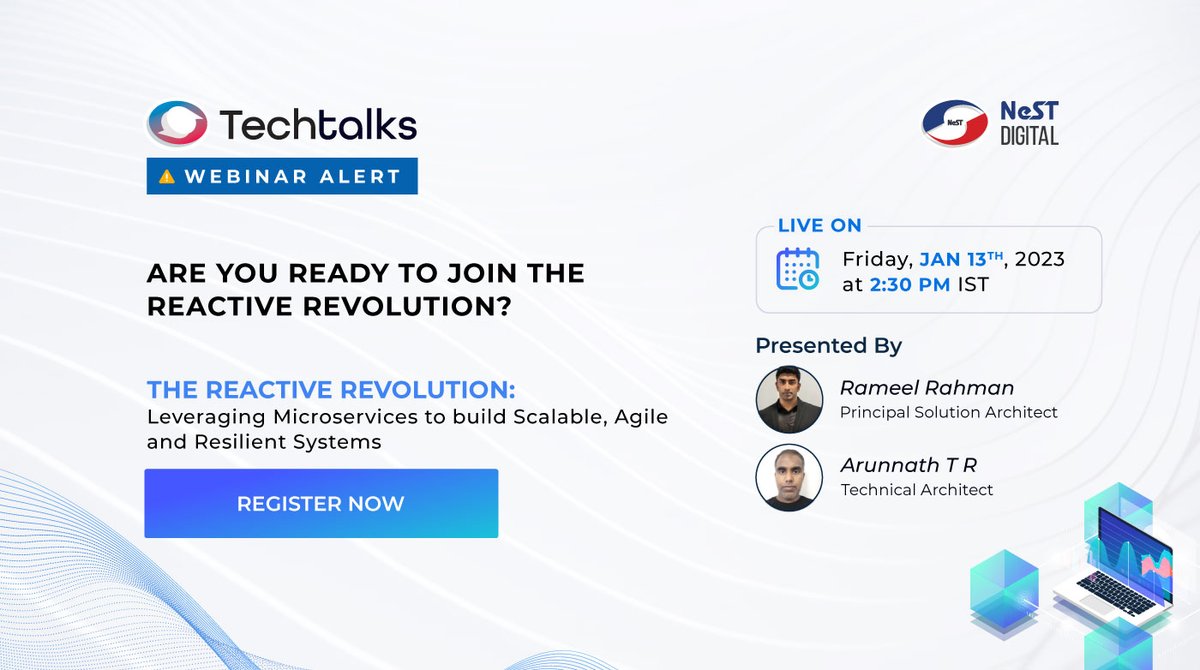NeSTdgtl's tweet image. Are you tired of slow, inflexible systems that can&apos;t keep up with the demands of your business?  
Sign up now! Join our live webinar on Friday, Jan 13, 2023 at 2:30 PM IST  
Registration Link: bit.ly/3ZiidvH

#NeSTDigial #Webinar #ReactiveMicroservices