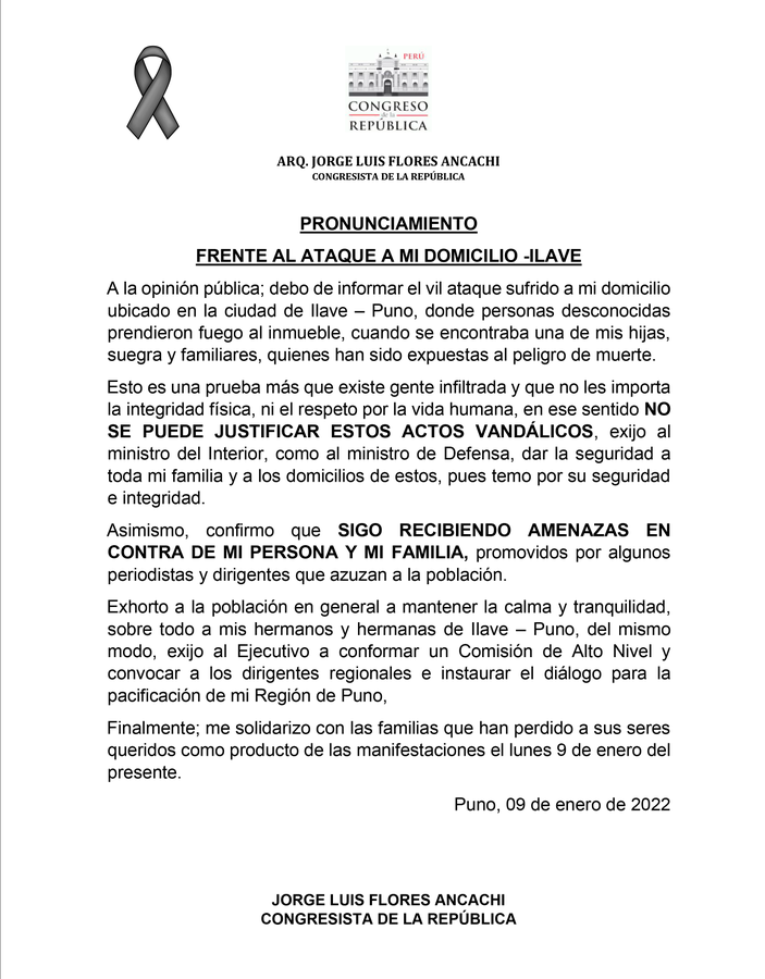 Congresista Jorge Flores condena ataque a su domicilio en Puno | Noticias |  Agencia Peruana de Noticias Andina