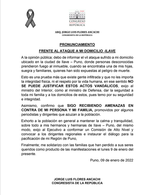 Parlamentario Jorge Flores Ancachi condena ataque a su vivienda en Puno -  Latina