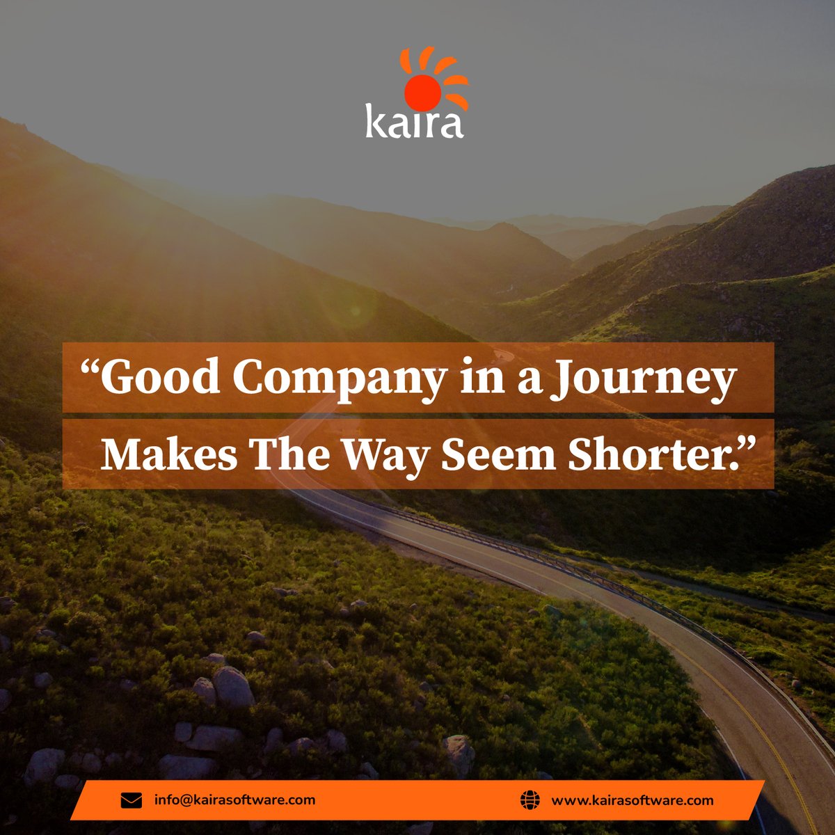 Kairasoftware's tweet photo. Good company on a journey makes the way seem shorter.
https://t.co/epwdunECdL
#softwarecompany #quotes #businessquotes #motivationalquotes #kairasoftware https://t.co/QajVNIzGmF