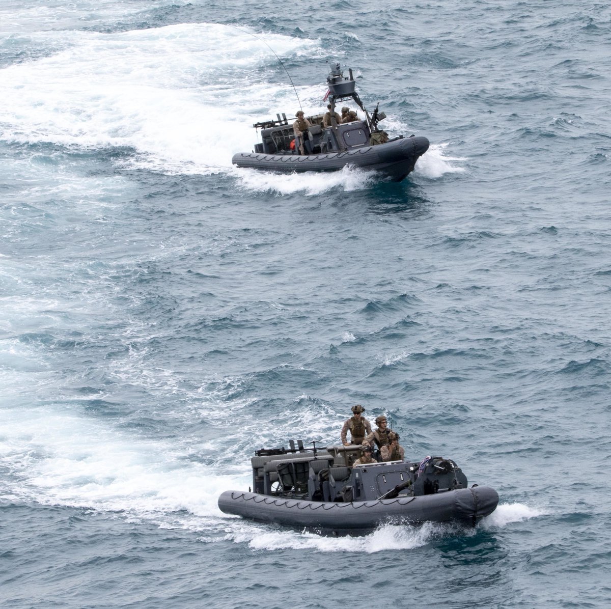 Base ship MIGUEL KEITH ESB5 and 13th MEU Marines deployed aboard ANCHORAGE LPD23 conducted Maritime Raiding Force platoon exercises 7 Jan. in crowded Natuna Sea waters in the South China Sea, scene of considerable recent Chinese, Vietnamese and Indonesian coast guard activity