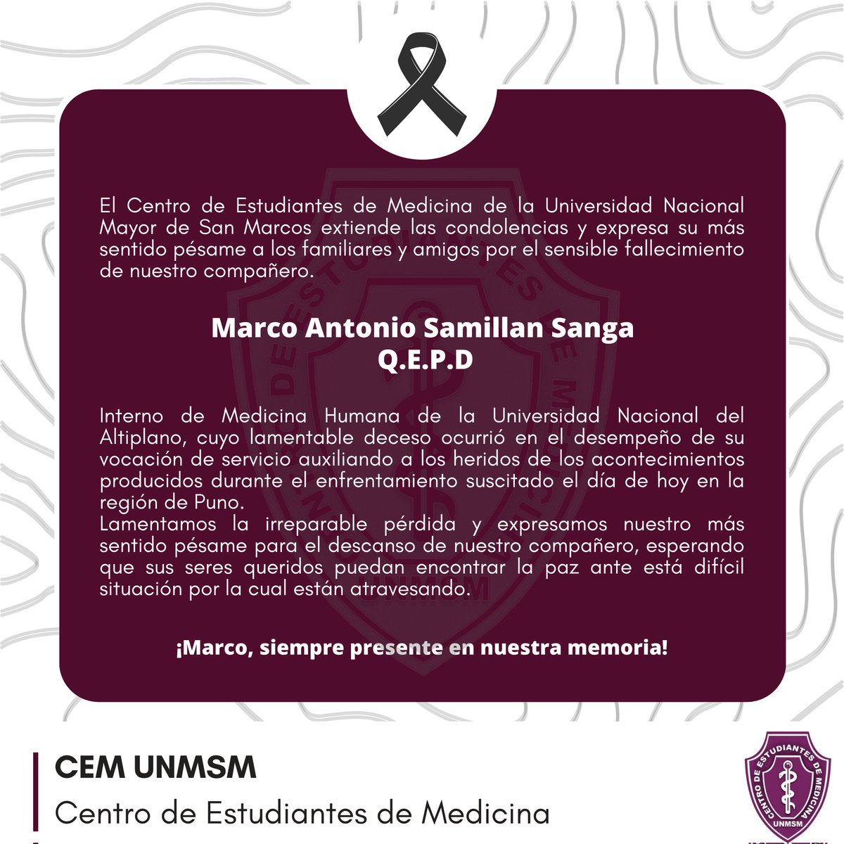 cem_unmsm's tweet photo. #CONDOLENCIAS
#PRONUNCIAMIENTO
𝐏𝐑𝐎𝐍𝐔𝐍𝐂𝐈𝐀𝐌𝐈𝐄𝐍𝐓𝐎 𝐂𝐄𝐍𝐓𝐑𝐎 𝐃𝐄 𝐄𝐒𝐓𝐔𝐃𝐈𝐀𝐍𝐓𝐄𝐒 𝐃𝐄 𝐌𝐄𝐃𝐈𝐂𝐈𝐍𝐀 - 𝐔𝐍𝐌𝐒𝐌 
𝑳𝒊𝒎𝒂 9 𝒅𝒆 𝒆𝒏𝒆𝒓𝒐 2023 https://t.co/HMsUDY1LOU