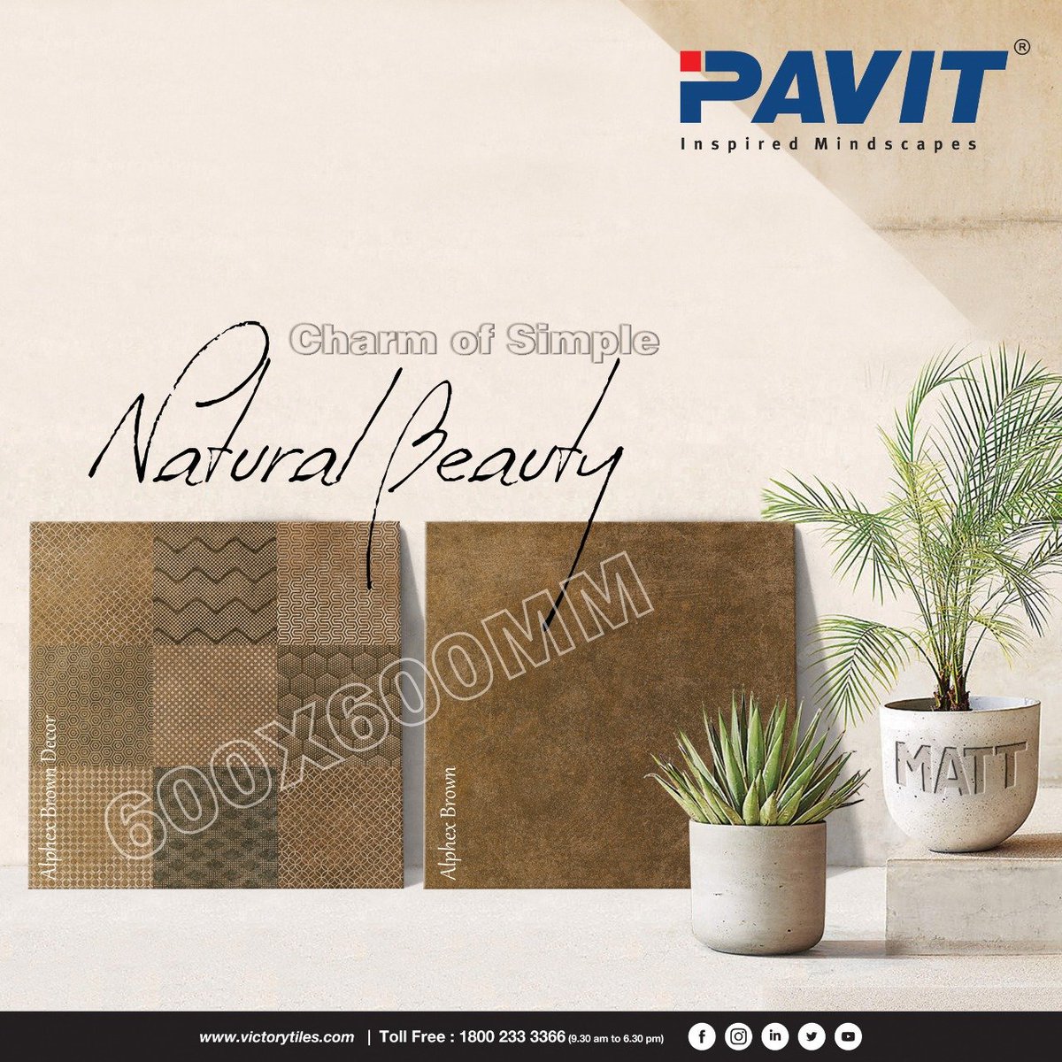 If you've been looking for plain or decent textured #tiles for your space, PAVIT's 600X600 MM Alphex Brown and Alphex Brown Decor highly #durabletiles with #Mattsurface have your back

Visit: pavits.com

#pavitceramics #vpjgroup #tilesdesign #floortiles #india