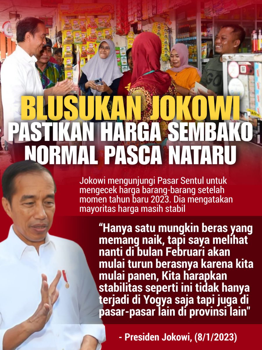 Pak Jokowi mengunjungi Pasar Sentul untuk mengecek harga yg mayoritas masih stabil 
Stabilkan Harga Sembako
#BlusukanJokowi