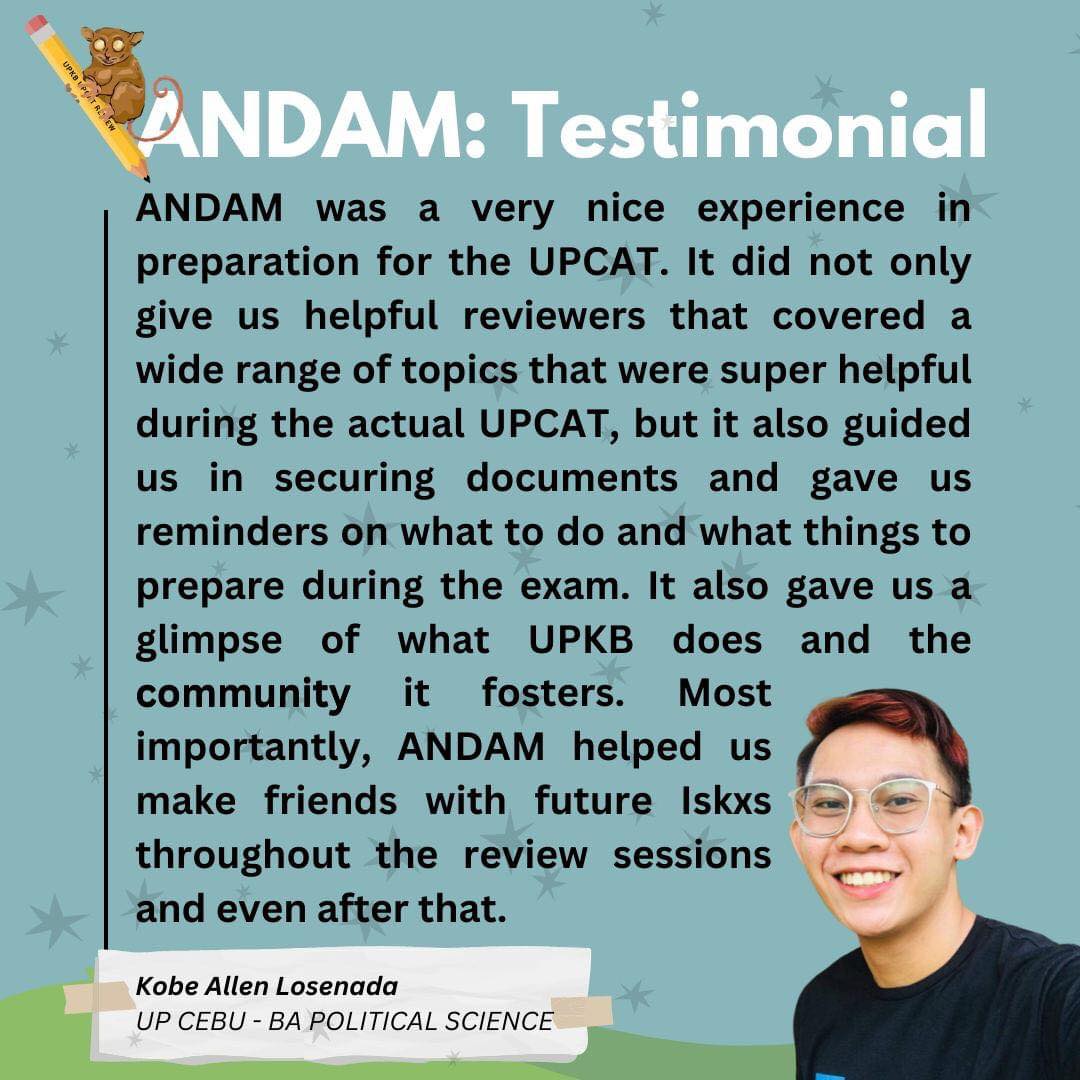 upkbdiliman's tweet photo. [ANDAM TESTIMONIALS]

Kadugo, naka-preregister na ba ka para sa ANDAM? 

You may pre-register through this form:

https://t.co/JSACK6B1zh

For any questions or concerns regarding the pre-registration process, you may message us through the page.  

#upkb
#andam2023
#UPCAT2023 https://t.co/a64Zav5u9O