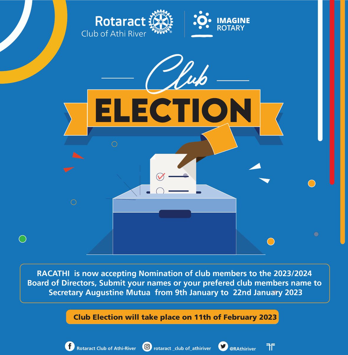 racathiriver's tweet photo. Interested to serve in the 23/24 Board , submit yourself or Nominate someone .
#forthegreatestgood #createhopeintheworld https://t.co/HeN4Oa9CPQ