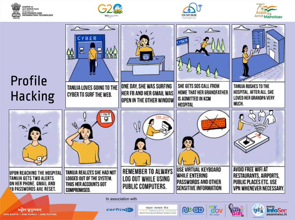 SSOIndia's tweet photo. #StaySafeOnline
Beware of Profile Hacking - #Storyboard #profilehacking #hacking
#BeSafe #StaySafe #G20India #SSOIndia #MyGov #MeitY https://t.co/FFjMDtdDEq