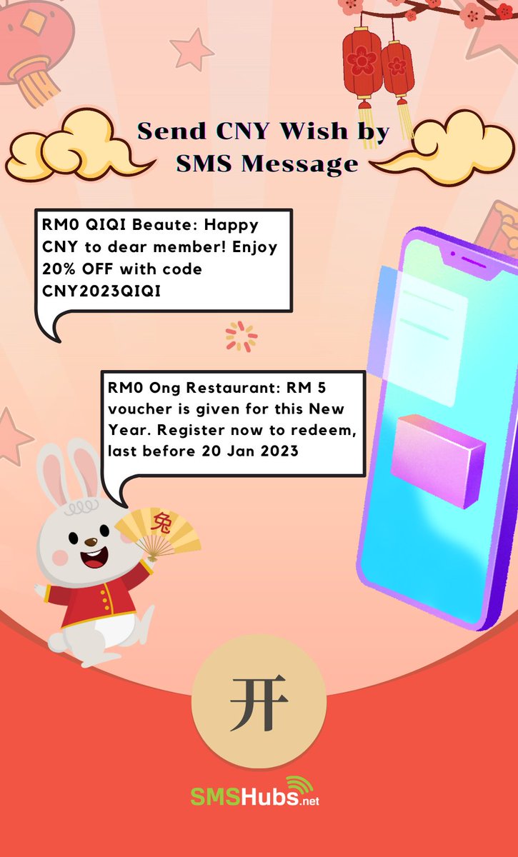 Celebrate the Year of the Rabbit in style by sending heartfelt wishes to your clients through our SMS service! Don't miss out on the chance to connect with them and wish them prosperity and happiness in the new year.

Contact us to learn more:
wa.me/60127819398