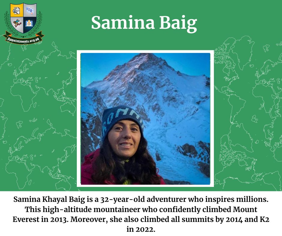 AppointmentsTS's tweet photo. Samina Khayal Baig is a Pakistani high-altitude mountaineer who in 2013 climbed Mount Everest, all Seven Summits by 2014, and K2 in 2022. She is the first Pakistani woman to climb Everest, K2 and the Seven Summits. 
Facebook: https://t.co/tgrXxcl3DA https://t.co/V7xqTmdmlj