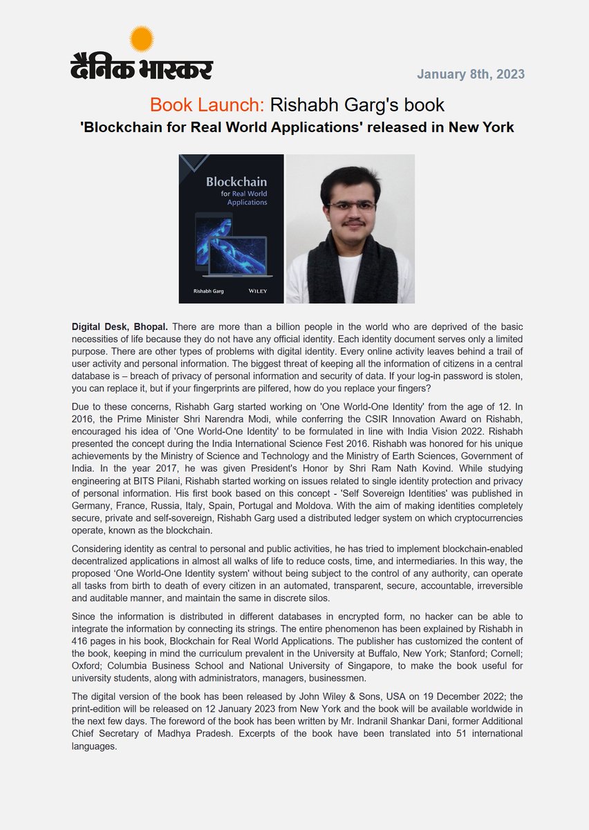 10 January 2023 | Book on Blockchain for Real World Applications to be released on 12 January 2023. 

Check out @ Dainik Bhaskar epaper ... linkedin.com/posts/activity…