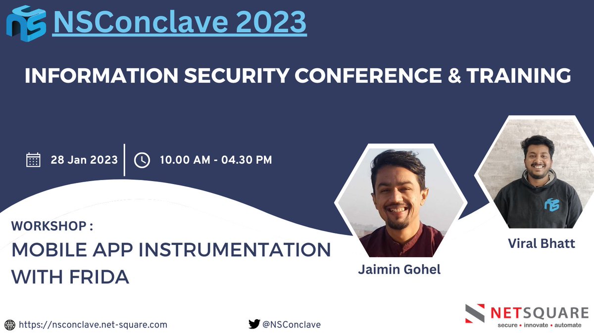I along with <a href="/viralbhatt100/">viral bhatt</a> will be conducting a workshop on "Mobile App Instrumentation with FRIDA" at <a href="/NSConclave/">NSConclave</a> 
We'll release the material after the conference. Stay tuned for updates 🙌

🌐 nsconclave.net-square.com

#nsconclave2023 #FRIDA #androidSecurity