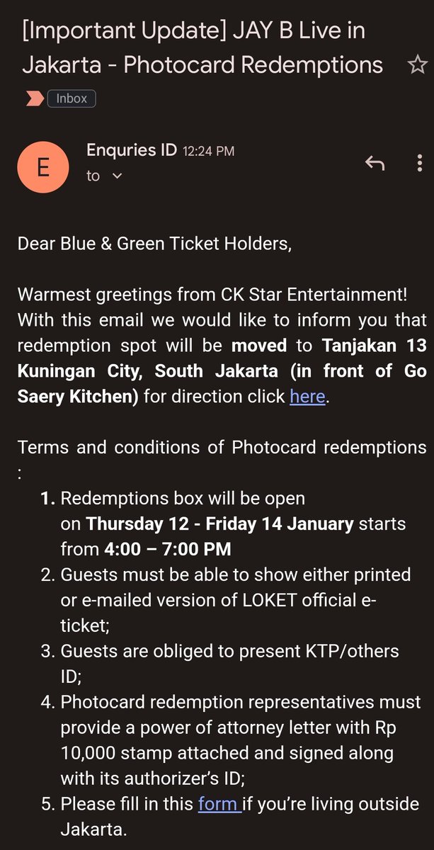 youngandlynn's tweet photo. 📢 Important Notes
There is a change for #JAYBinJKT photocard redemption location & time. Please do check your email for all Blue & Green ticket holders 🙏. They also added a link to form for those who lives outside Jakarta. https://t.co/AMl204SMBh