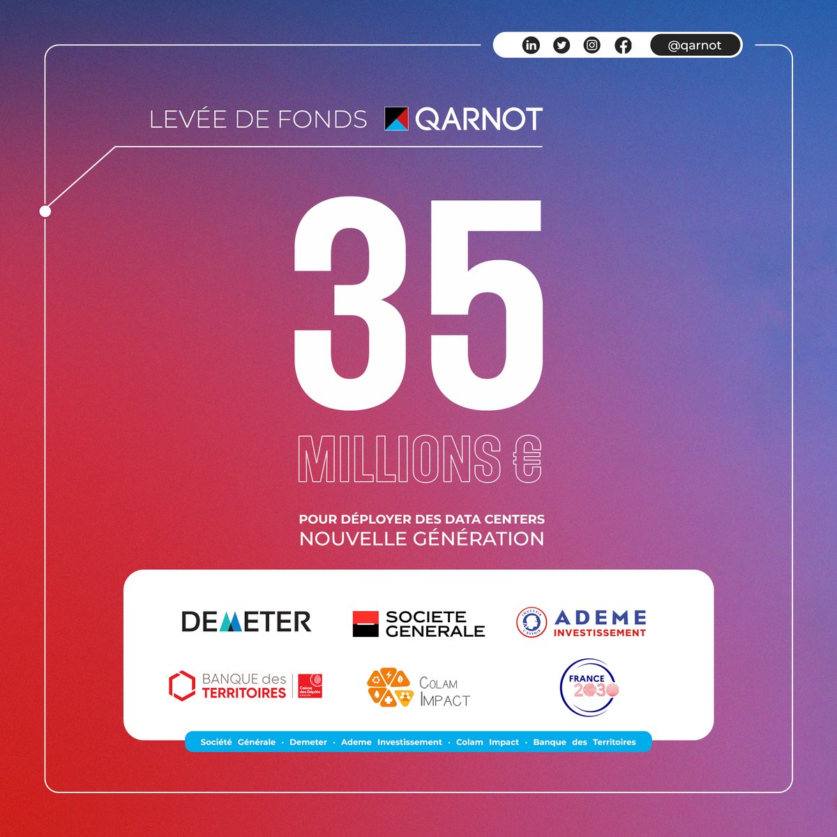 Qarnot's tweet photo. Qarnot lève 35M d’€ pour déployer ses datacenters nouvelle génération ! 🚀
Nous avons hâte d’entamer ce nouveau chapitre et remercions nos partenaires pour leur confiance : @SocieteGenerale @Demeter_im @ADEME_Invest #ColamImpact et la @BanqueDesTerr dans le cadre de #France2030 https://t.co/DDwcKwfgbA